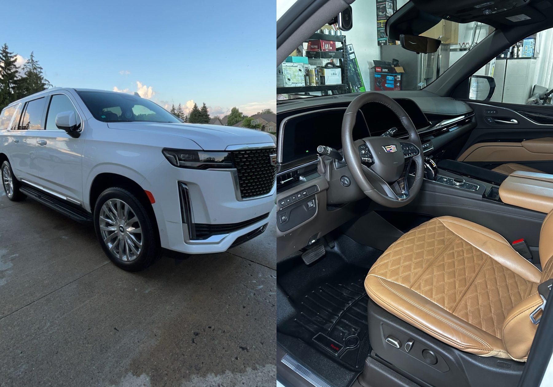 White Cadillac Escalade exterior and tan quilted leather interior — full detail by Top Auto Detailing